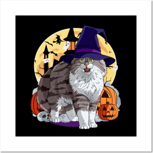 Norwegian Forest Cat Funny Halloween Witch Pumpkin Posters and Art